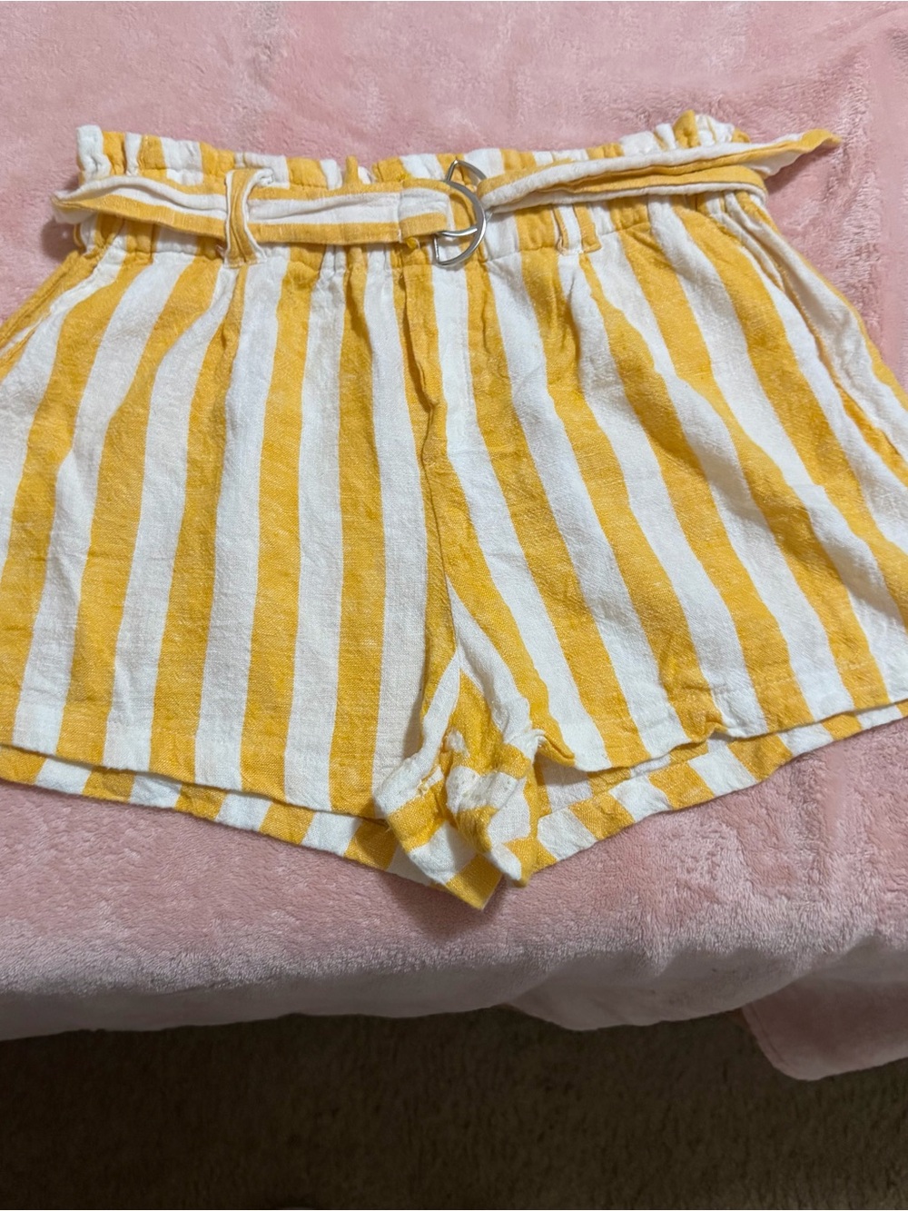 Love Tree Yellow and White Striped Paperbag Waist Shorts